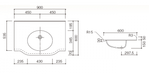人工大理石洗面器付カウンターBHS-105B寸法図