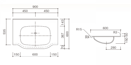 人工大理石洗面カウンターBHS-101B寸法図