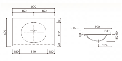 人工大理石洗面カウンターBHS-102A寸法図