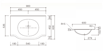 人工大理石洗面カウンターBHS-102B寸法図