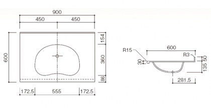 人工大理石洗面カウンターBHS-103A寸法図
