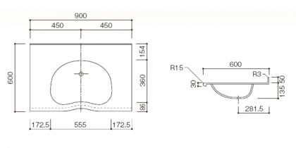 人工大理石洗面カウンターBHS-103B寸法図