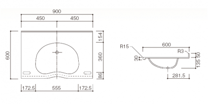 人工大理石洗面カウンターBHS-103D寸法図