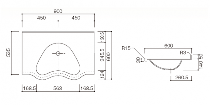 人工大理石洗面カウンターBHS-104B寸法図