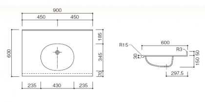 人工大理石洗面カウンターBHS-105A寸法図