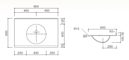 人工大理石洗面カウンターBHS-106A寸法図