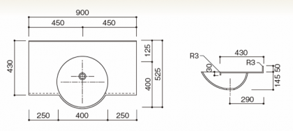 人工大理石洗面カウンターBHS-106B寸法図