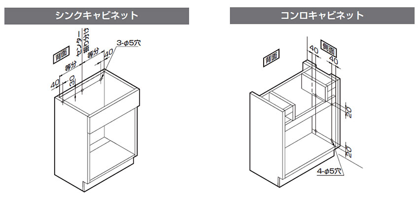 ベースキャビネット取り付け　ベースキャビネット取り付け　連結用ガイド穴