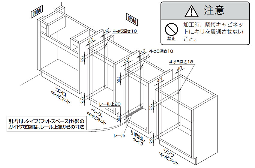 ベースキャビネット取り付け　ガイド穴加工