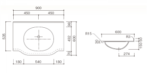 人工大理石洗面器一体カウンターBHS-102B-1EK寸法図