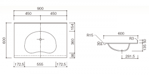 人工大理石洗面器一体カウンター　BHS-103A-1EK寸法図