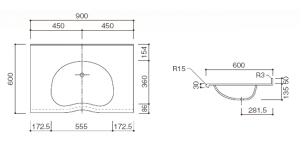 人工大理石洗面器一体カウンターBHS-103B-1EK寸法図