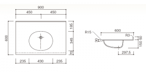人工大理石洗面器一体カウンターBHS-105A1寸法図