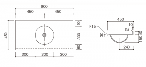 人工大理石洗面器一体カウンターBHS-300寸法図