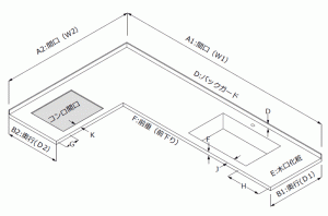 ステンレスワークトップ寸法図　L型